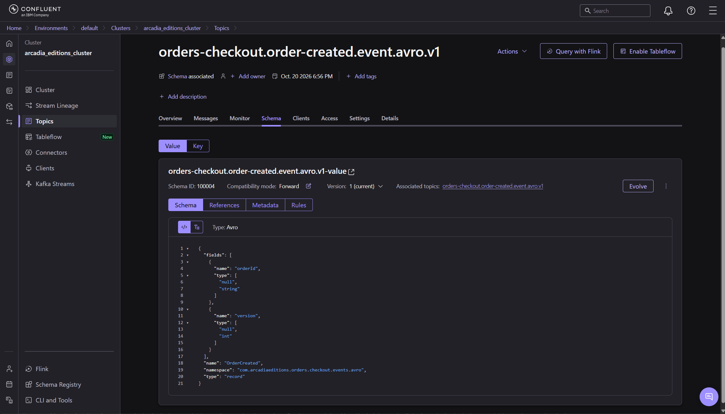 The OrderCreatedEvent schema in Schema Registry