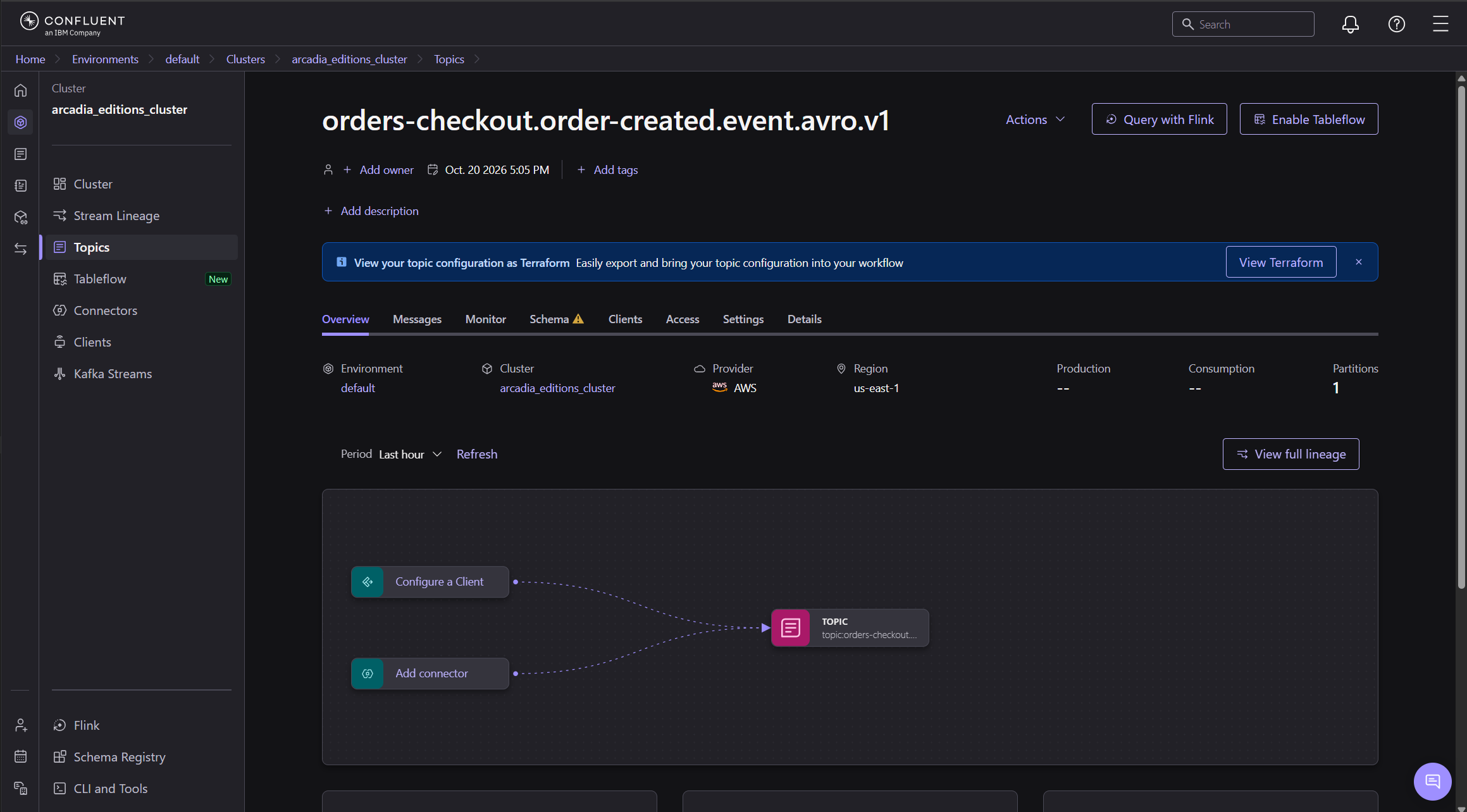 Topics of orders-checkout in Confluent Cloud