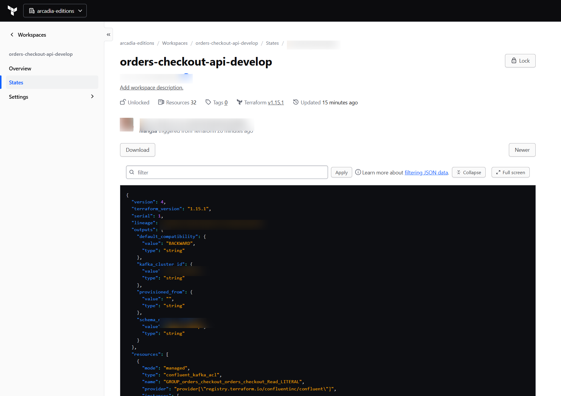 The latest Terraform state with generated Confluent resources and workspace outputs