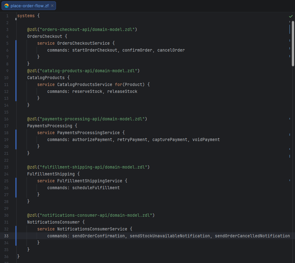 Systems, commands and events organized from business flows
