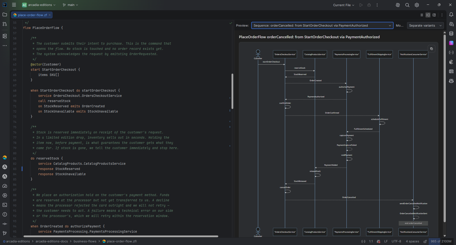 Alternative business flow outcomes separated into sequences